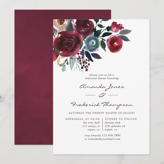 Boho Chic Burgundy & Navy floral Rehearsal Dinner Invitation (Front/Back)