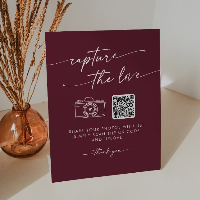 Boho Chic Burgundy Red Capture the Love Wedding Pedestal Sign (Creator Uploaded)