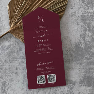 Boho Chic Burgundy Red Dual QR Code Wedding All In One Invitation