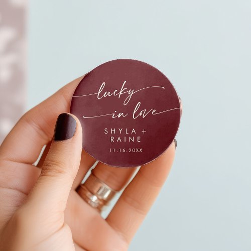 Boho Chic Burgundy Red Lucky In Love Favor Classic Round Sticker