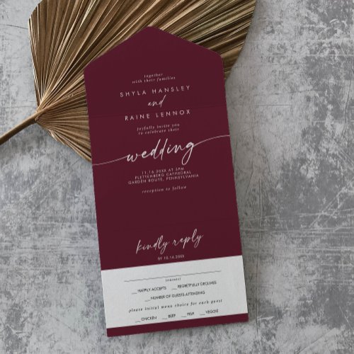 Boho Chic Burgundy Red Meal Choice RSVP Wedding All In One Invitation