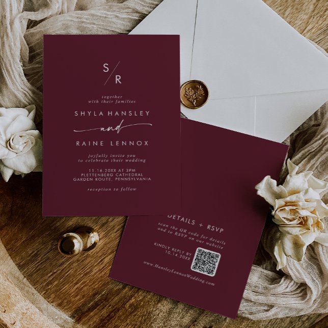 Boho Chic Burgundy Red Monogram QR Code Wedding Invitation (Boho Chic Burgundy Red Monogram QR Code Wedding Invitation)