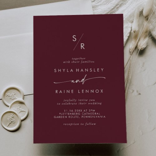 Boho Chic Burgundy Red Monogram Wedding Invitation