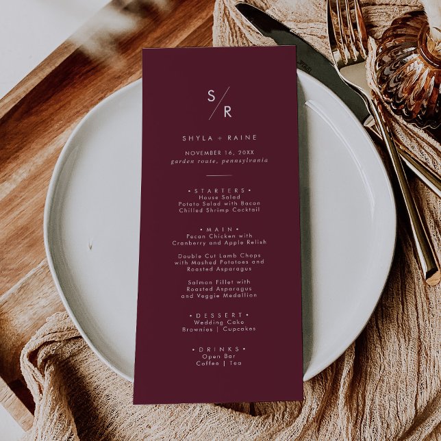 Boho Chic Burgundy Red Monogram Wedding Menu (Creator Uploaded)