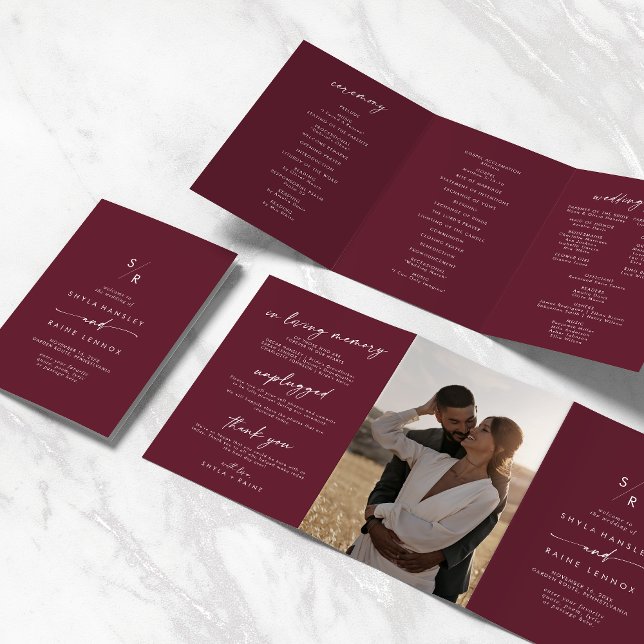 Boho Chic Burgundy Red Monogram Wedding Tri-Fold Program (Creator Uploaded)