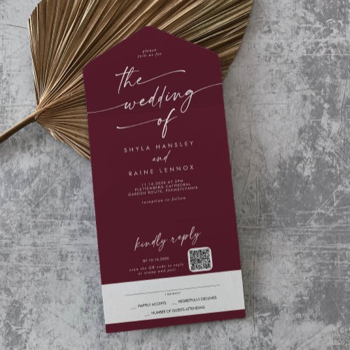 Boho Chic Burgundy Red QR Code Mail In Wedding All In One Invitation