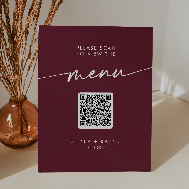 Boho Chic Burgundy Red QR Code Wedding Menu Pedestal Sign (Creator Uploaded)