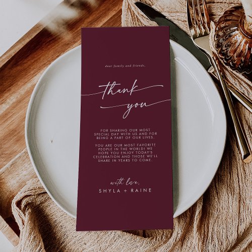 Boho Chic Burgundy Red Thank You Place Card