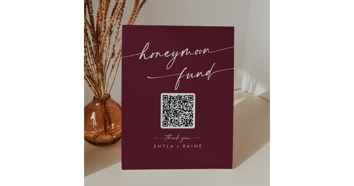 Boho Chic Burgundy Red Wedding Honeymoon Fund Pedestal Sign | Zazzle