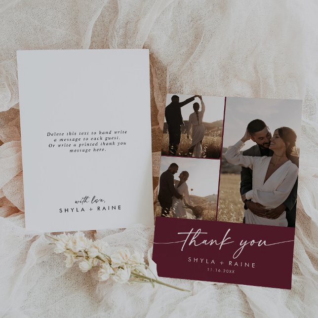 Boho Chic Burgundy Red Wedding Photo Collage Thank You Card (Creator Uploaded)