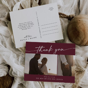 Boho Chic Burgundy Red Wedding Photo Thank You Postcard