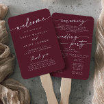 Boho Chic Burgundy Red Wedding Program Hand Fan<br><div class="desc">This boho chic burgundy red wedding program hand fan is perfect for a minimalist wedding ceremony. The dark maroon wine red modern bohemian design features simple rustic calligraphy with a unique yet classic style. Personalize your wedding program with you names, wedding date, location, thank you message, order of service, and...</div>