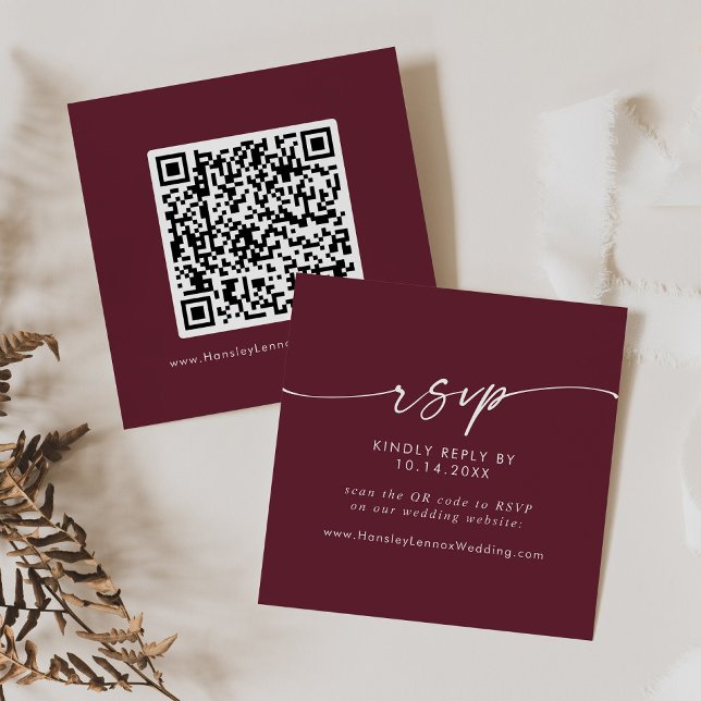 Boho Chic Burgundy Red Wedding QR Code RSVP Enclosure Card (Creator Uploaded)