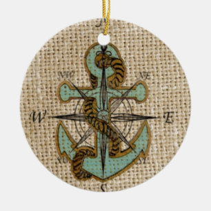 boho chic burlap nautical compass Blue anchor Ceramic Ornament