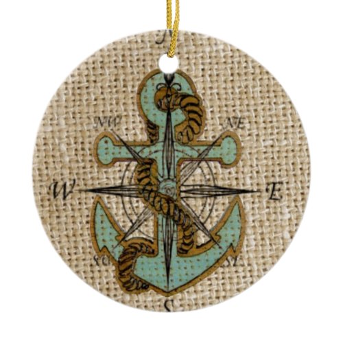 boho chic burlap nautical compass Blue anchor Ceramic Ornament