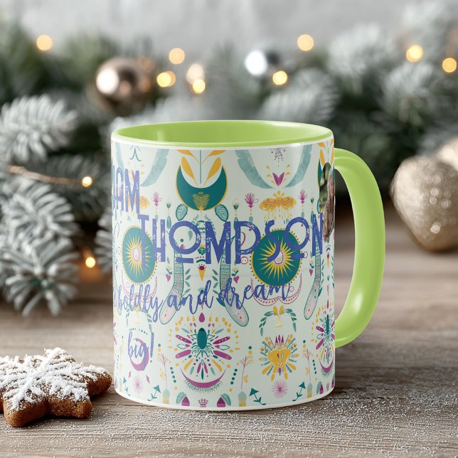Boho chic celestial symbols in teal and gold mug (Creator Uploaded)