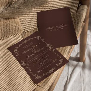 Boho Chic Chocolate Brown Floral Old Money Wedding Invitation