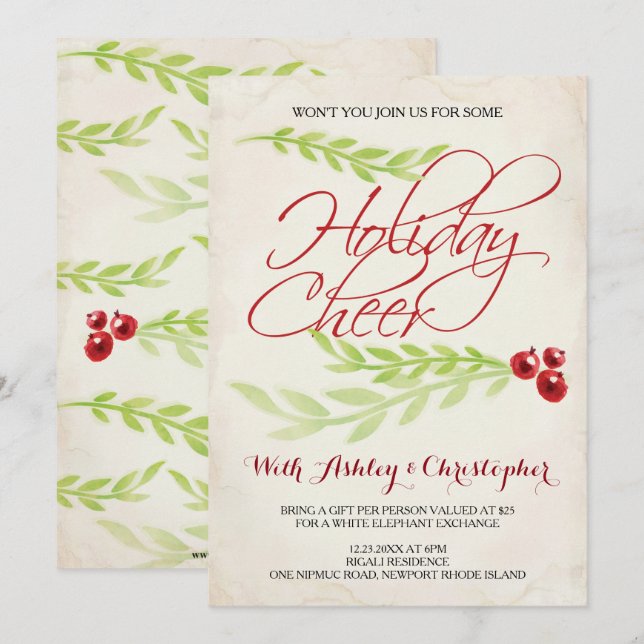 Boho Chic Christmas Party Laurel & Berries Invitation (Front/Back)