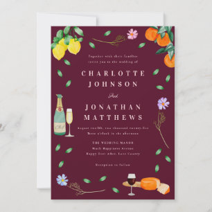 Boho Chic Citrus Rustic Burgundy Pink Wedding Invitation