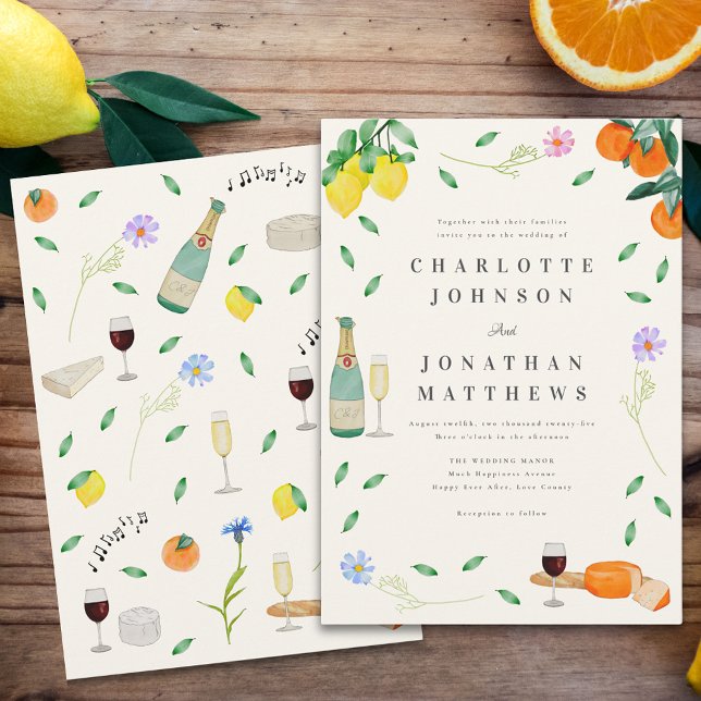 Boho Chic Citrus Rustic Summer Wedding  Invitation (Boho chic citrus wildflower wedding invitation )