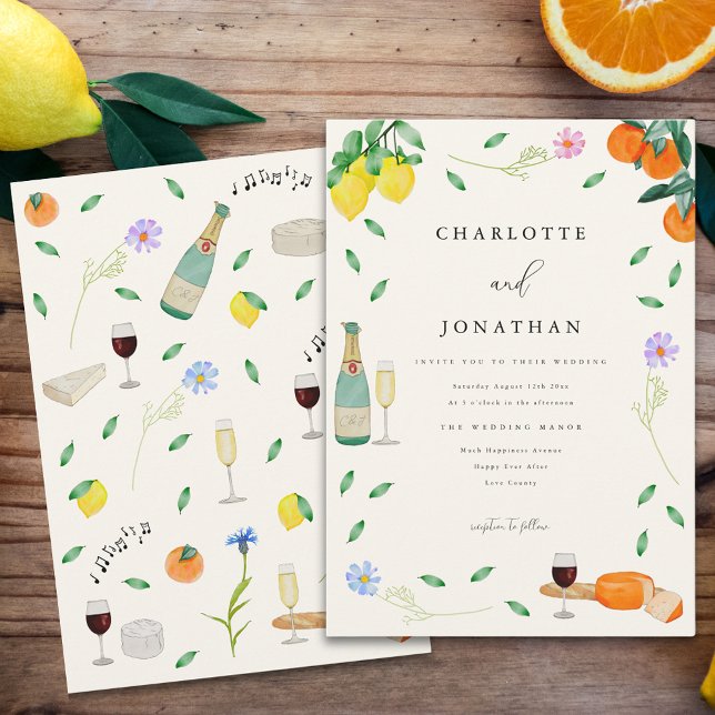 Boho Chic Citrus Rustic Summer Wedding Invitation (Boho citrus summer wedding invitation with watercolor wildflowers wine and cheese oranges & lemons)