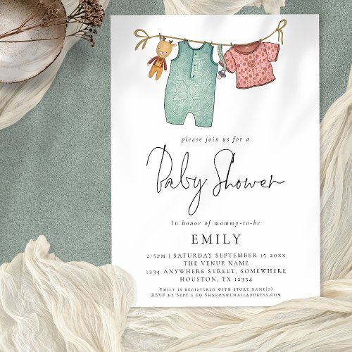 Boho Chic Clothes on Line Baby Shower  Invitation