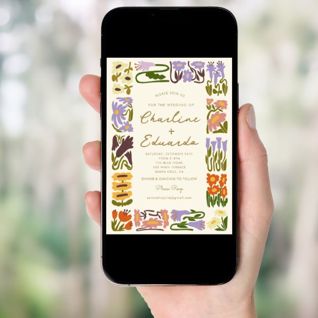 Boho Chic Colorful Flower Retro Wedding Invitation (Front Digital)