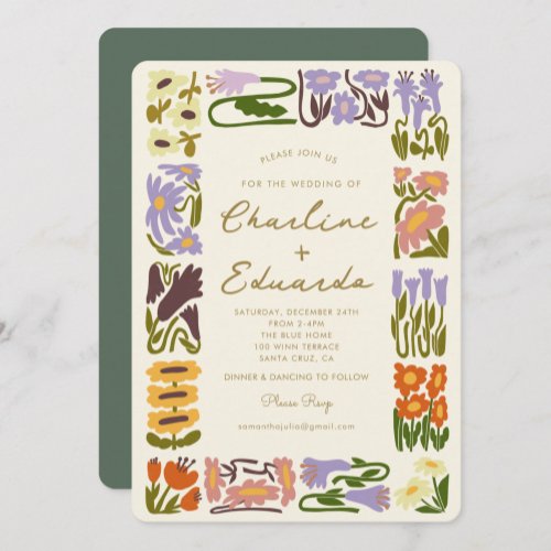 Boho Chic Colorful Flower Retro Wedding Invitation