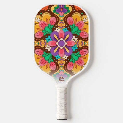 Boho Chic Cool Floral Pattern Custom Name Text Pickleball Paddle