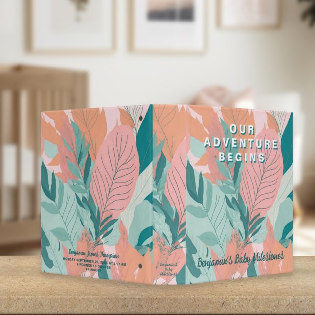 Boho Chic Coral Teal Leaves Baby Milestones 3 Ring Binder (Keep all your baby's first year milestones in one place)
