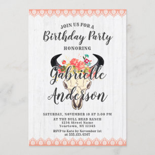Boho Chic Cow Skull Birthday Party Invitation