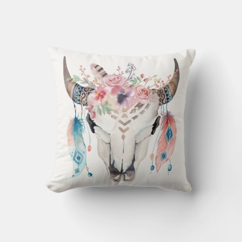 Boho Chic Cow Skull Feathers  Flowers Glam Throw Pillow