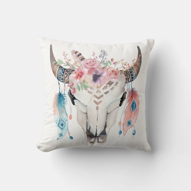 Boho Chic Cow Skull Feathers & Flowers Glam Throw Pillow (Front)
