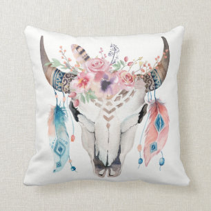 Boho Chic Cow Skull Feathers & Flowers Glam Throw Pillow