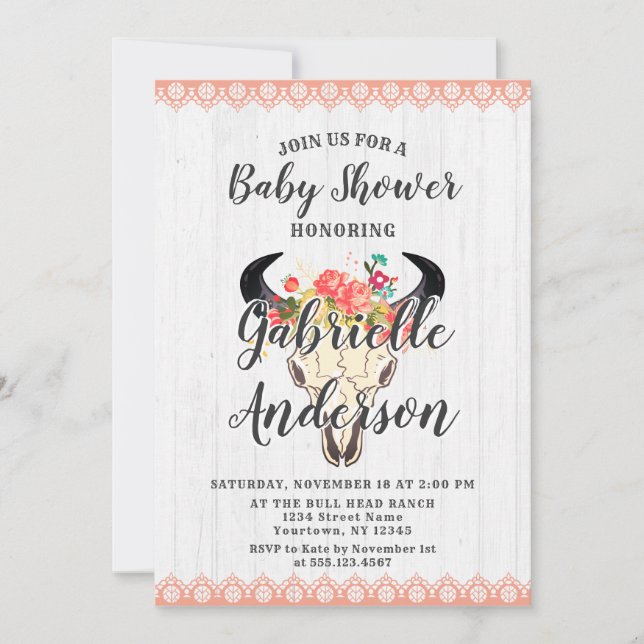 Boho Chic Cow Skull Floral Baby Shower Invitation (Front)