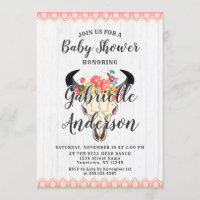 Boho Chic Cow Skull Floral Baby Shower Invitation