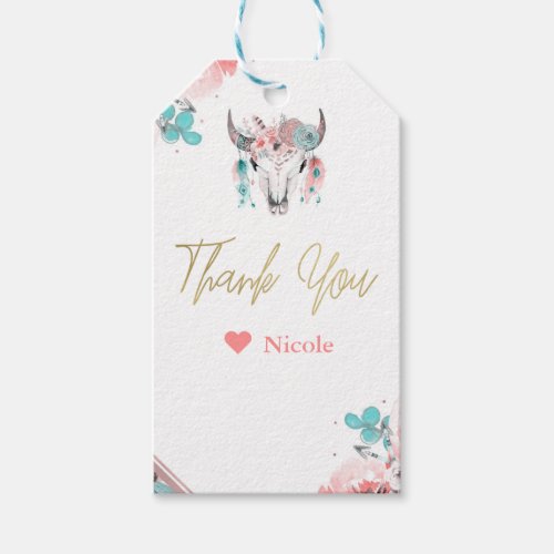 Boho Chic Cow Skull Floral Birthday Bohemian Party Gift Tags