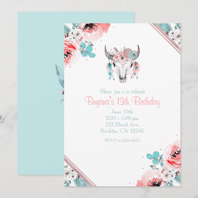 Boho Chic Cow Skull Floral Birthday Invitation (Front/Back)