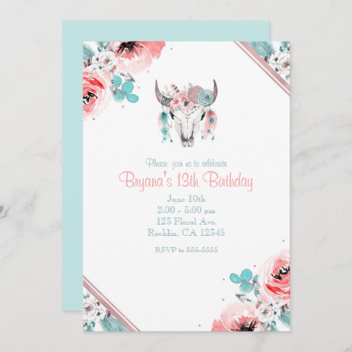 Boho Chic Cow Skull Floral Birthday Invitation