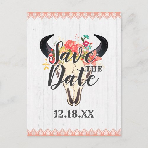 Boho Chic Cow Skull Floral Bouquets Save the Date Announcement Postcard