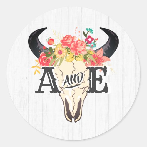 Boho Chic Cow Skull Floral Rustic Monogram Wedding Classic Round Sticker