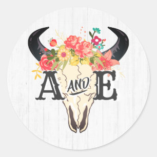 Boho Chic Cow Skull Floral Rustic Monogram Wedding Classic Round Sticker