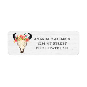 Boho Chic Cow Skull Floral Wedding Return Address Label