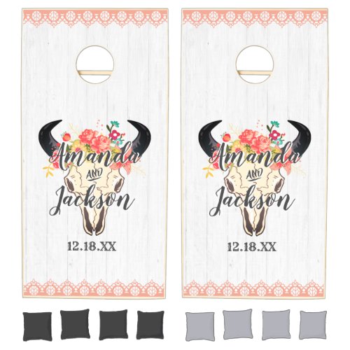 Boho Chic Cow Skull Floral Wood Wedding Monogram Cornhole Set