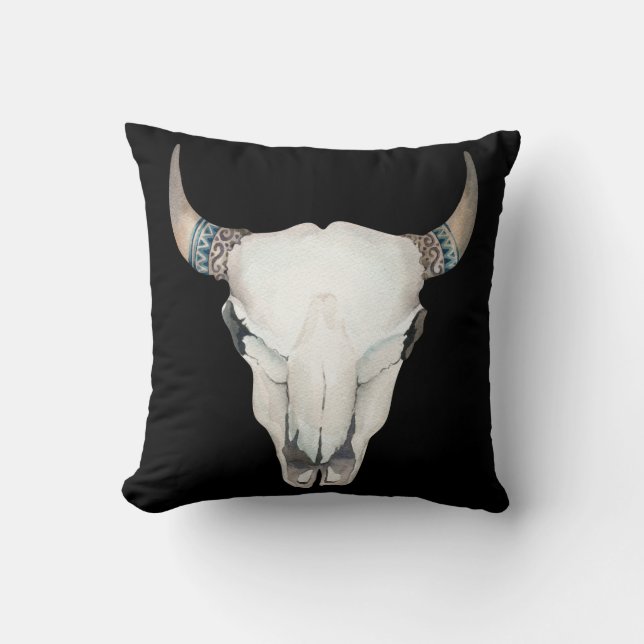 Boho Chic Cow Skull & Horns Farmhouse Country Chic Throw Pillow (Front)