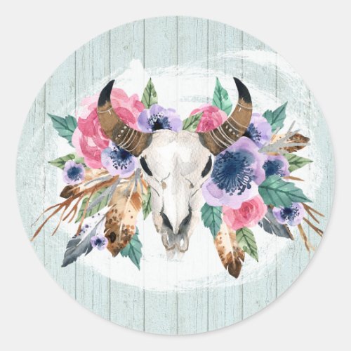 Boho Chic Cow Skull Watercolor Floral Rustic Wood Classic Round Sticker