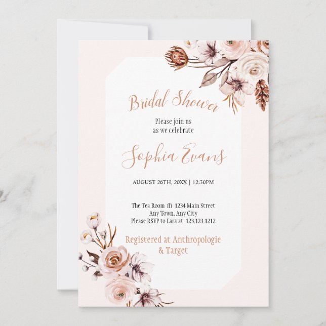 Boho Chic Cream and Brown Floral Bridal Shower Invitation (Front)