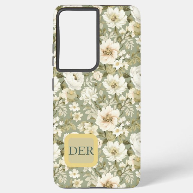 Boho Chic Cream and Sage Green Botanical Florals Samsung Galaxy Case (Back)