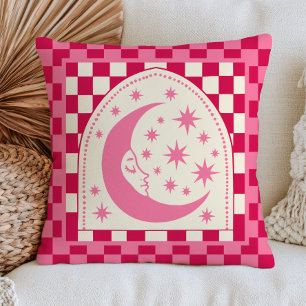 Boho Chic Crescent Moon with Stars Pink Checkered Throw Pillow