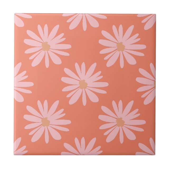 BOHO Chic Daisy Pattern Peach Orange Retro Floral Ceramic Tile (Front)